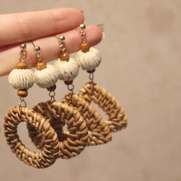 Woven Rattan Drop Earrings in Triangle and Round Shapes