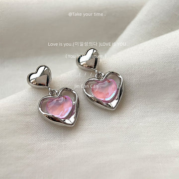 Silver Tone Pink Pearlescent Heart Double Frame Drop Stud Earrings