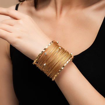 Gold and Silver Multiline Clear Accent Wide Cuff Bracelet
