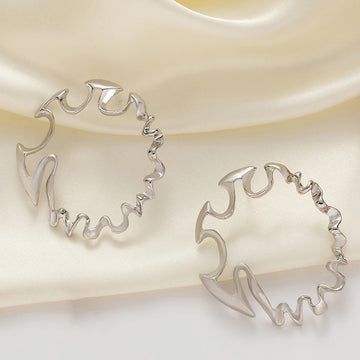 Silver Irregular Wave Open Hoop Earrings Hollow Abstract