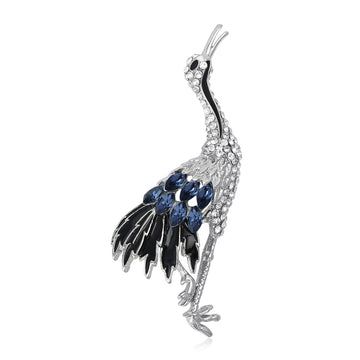 Colorful Long Leg Crane Brooch With Faceted Crystals And Polished Metal Details