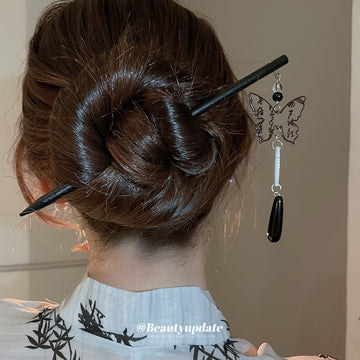 Black Butterfly Drop Hair Stick And Silver Tone Chain Hairpin