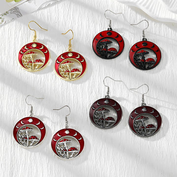 Red Moon and Mushroom Drop Earrings in Four Metal Finishes