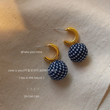 Gold-Tone C Hoop Navy Houndstooth Fabric Ball Drop Earrings