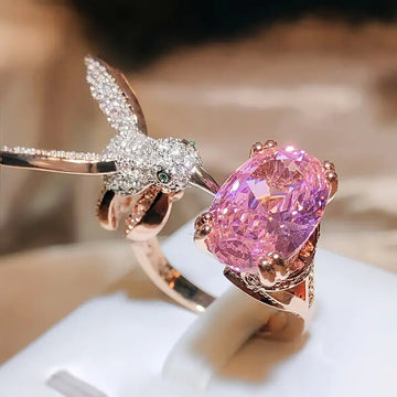 Hummingbird And Pink Oval Stone Adjustable Open Ring In Rose Tone