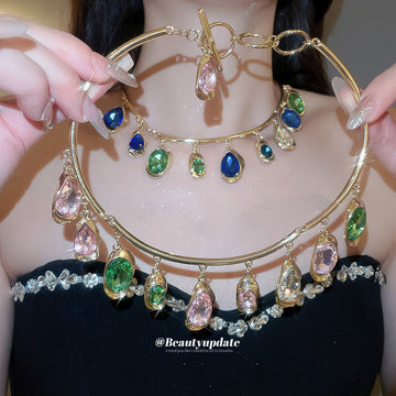 Gold Tone Collar Necklaces With Multicolor Teardrop Crystals