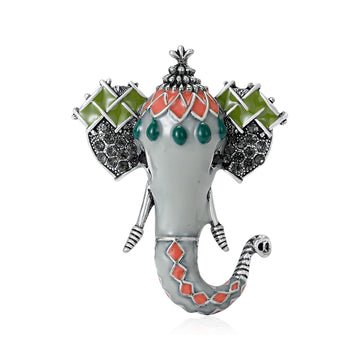Enamel Elephant Head Brooch Green Gray Antique Silver Pin