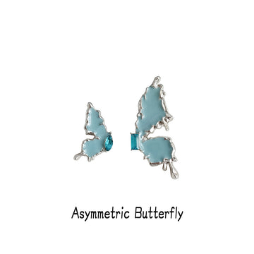 Silver Tone Pale Blue Double Butterfly Asymmetric Stud Earrings