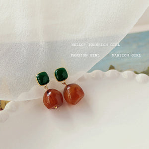 Gold Tone Dark Green Square Amber Irregular Drop Stud Earrings