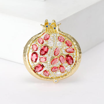 Gold Pomegranate Brooch Red Crystal Clear Rhinestone Pin