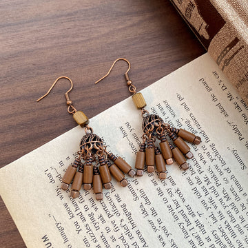 Five Brown Beaded Fringe Boho Statement Long Hook Earrings