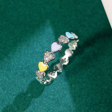 Silver Tone Multicolor Enamel Heart Crystal Band Ring 6-10