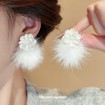 White Pom Pom Drop Earrings with Layered Flower Studs