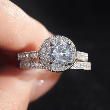 Silver Tone Round Halo Clear CZ Bridal Ring Set Sizes 6-10