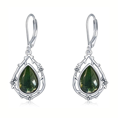 Silver green teardrop floral branch leverback earrings alternate studio