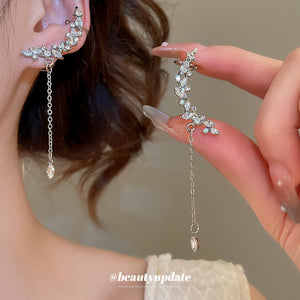 Silver Tone Crystal Teardrop Chain Ear Cuff Earrings