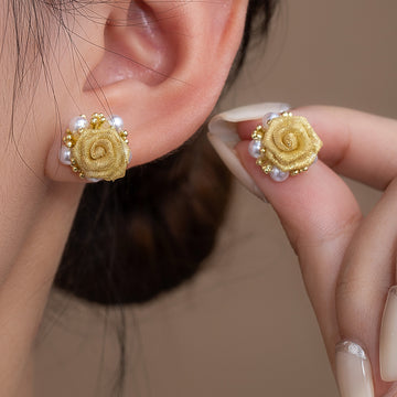 Gold Mesh Flower Pearl Look Border Small Stud Earrings