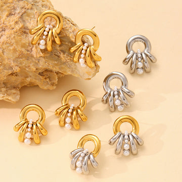Octopus Ring Pearl Drop Stud Earrings Stainless Steel
