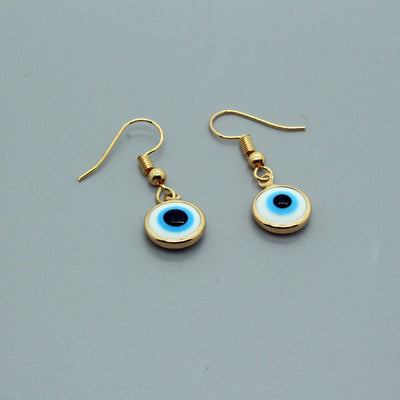 Main product view of gold Tone White and Blue Evil Eye Drop Earrings with Hooks
