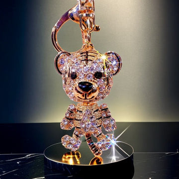 Articulated Jeweled Tiger Figure Keychain with Gold Tone Hardware