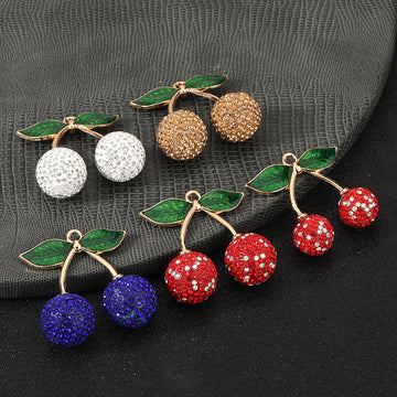 Rhinestone Cherry Charm Pendant Enamel Leaves Five Colors Two Sizes