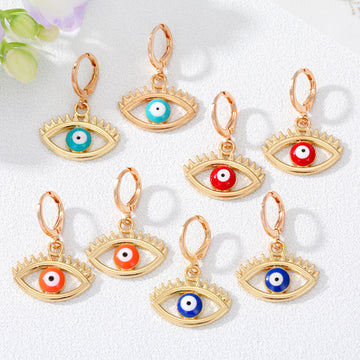 Gold Tone Colorful Enamel Lash Evil Eye Huggie Earrings