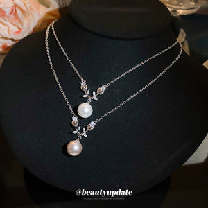 Silver Tone Flower Pendant Necklace with Pearl Drop