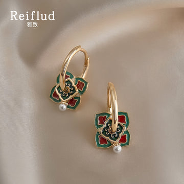 Gold Leverback Green Red Enamel Floral Pearl Earrings