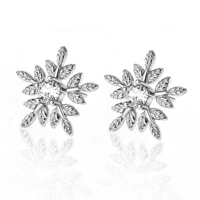 Silver Tone Layered Snowflake Clear Stone Stud Earrings - front product view
