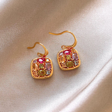 Gold Tone Square Multicolor Crystal Hook Earrings Fashion Jewelry