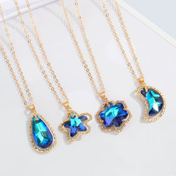 Gold Tone Blue Faceted Crystal Pendant Necklaces in Four Shapes