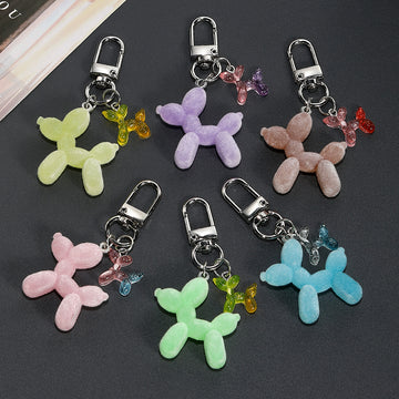 Flocked Balloon Dog Glow Keychains Six Pastel Colors