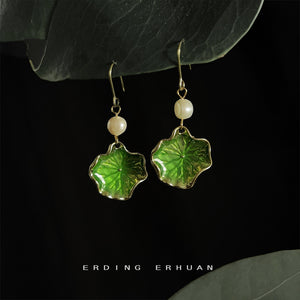 Gold-Tone Green Enamel Lotus Leaf Pearl Drop Earrings