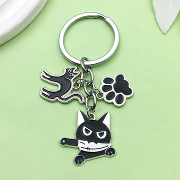 Black Cat With Knife And Paw Print Metal Keychain, Three Charms