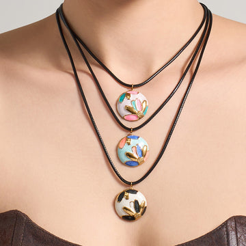 Black Cord Round Enamel Floral Pendant Necklace Styles