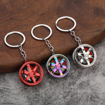 Metal Car Wheel Keychain with Brake Disc Detail, Seven Colors