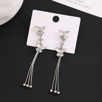 Silver Butterfly Crystal Long Tassel Drop Earrings Pair