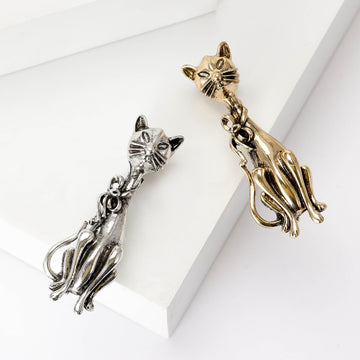 Tall Sitting Cat Brooch in Antique Gold or Silver Tone