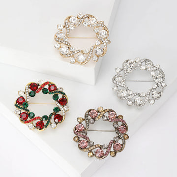 Round Crystal Leaf Wreath Brooch in Four Color Combinations