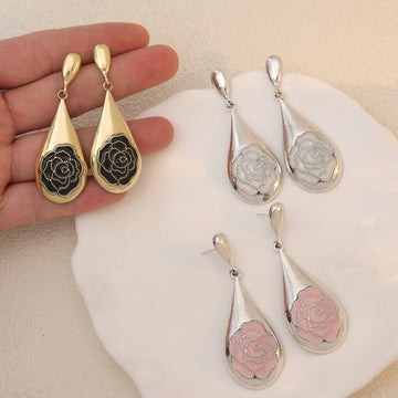 Rose Enamel Teardrop Long Dangle Stud Earrings in Three Colors