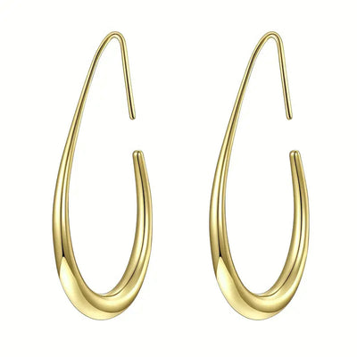 Gold teardrop open hoop drop earring pair on white background