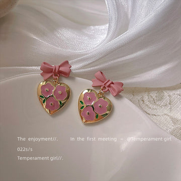 Pink Bow Gold Heart Drop Earrings Floral Enamel Pair