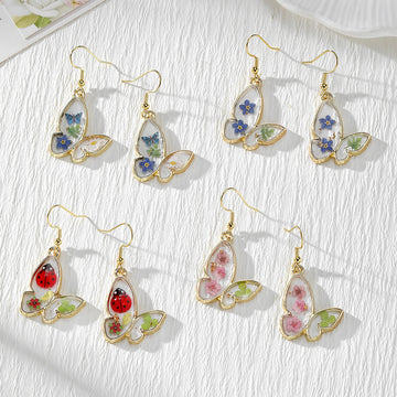Gold Butterfly Resin Dried Flower Drop Earrings Four