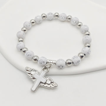 White Cross Bead Stretch Bracelet Winged Cross Charm