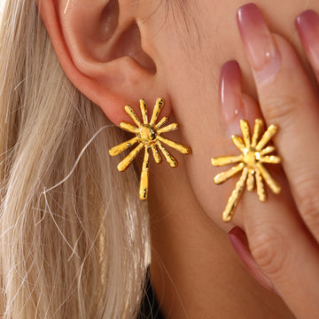 Gold and Steel Hammered Starburst Sun Stud Earrings Pair