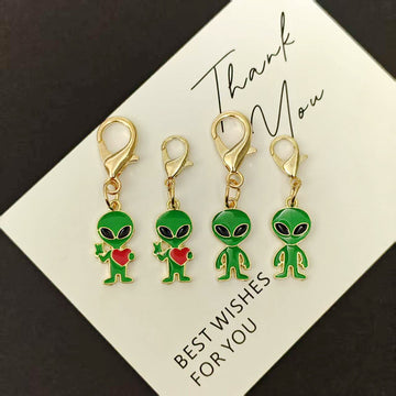 Green Enamel Alien Keychains Gold Lobster Clasp Four Styles