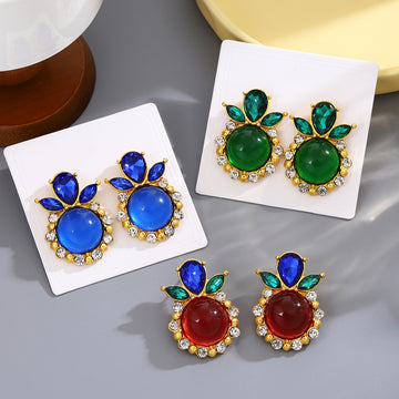Ornate Red and Green Round Center Leaf Statement Stud Earrings