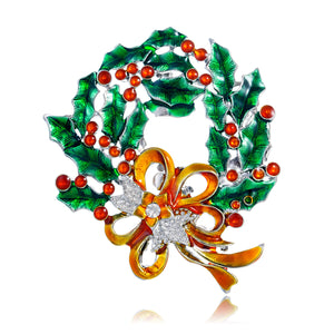 Zinc Alloy Christmas Wreath Brooch, Green Enamel and Gold Bow