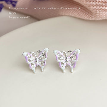 Silver Openwork Butterfly Stud Earrings Lilac Enamel