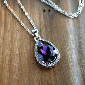 Purple Pear-Shaped Solitaire Halo Pendant Necklace In Silver Tone